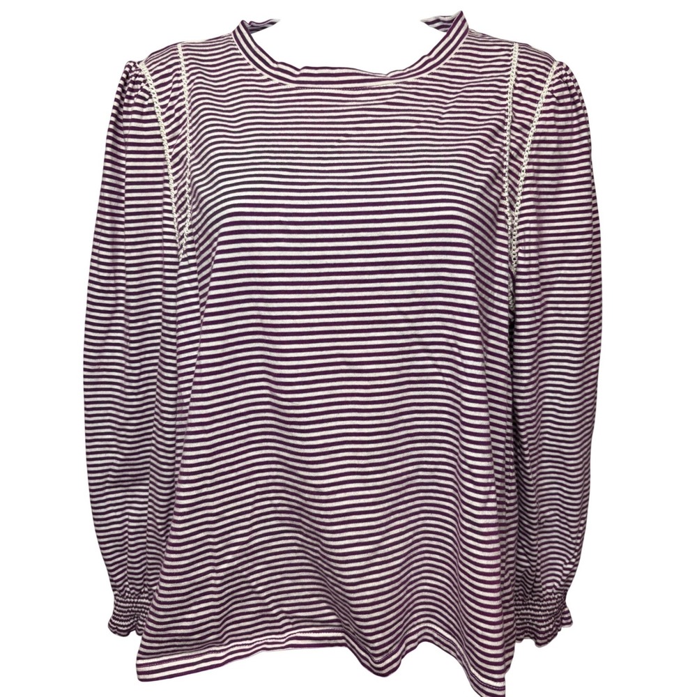 TALBOTS Womens Purple Striped Long Sleeve Crochet Puff Sleeve Top L Petite Girly